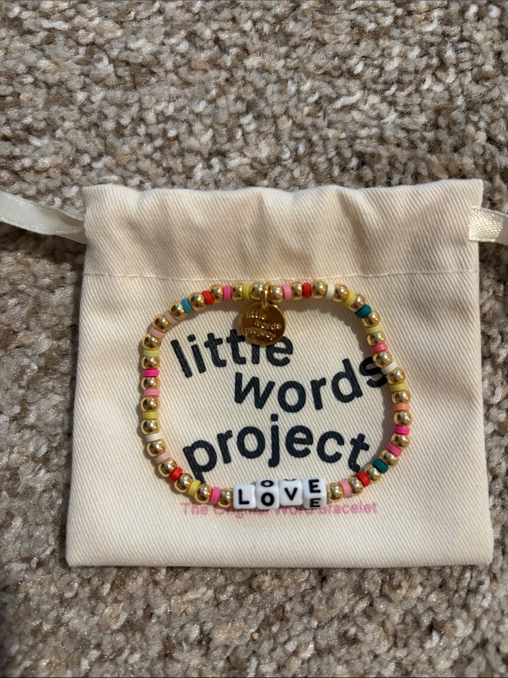 "Love" Beaded Bracelet - Cream/Gold with Multicolor Beads